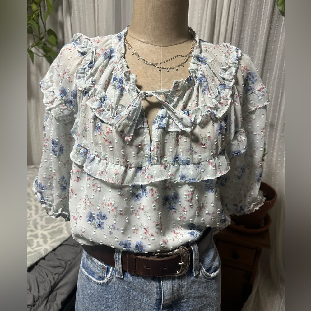 CeCe Floral Ruffle Blouse - Cream and Blue